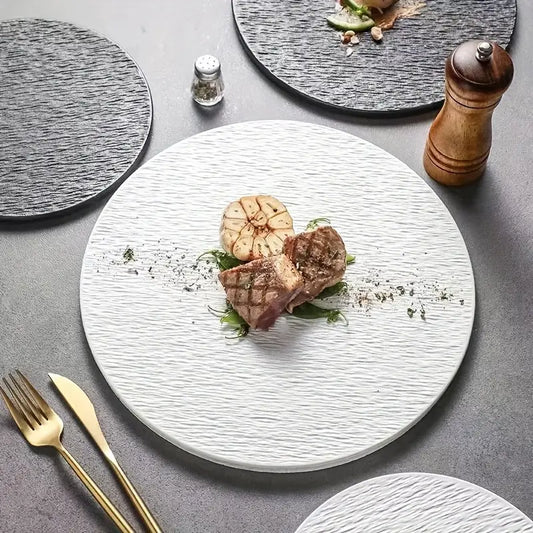 Ceramic Steak Plate – Textured White Dinner Platter for Home or Hotel Use
