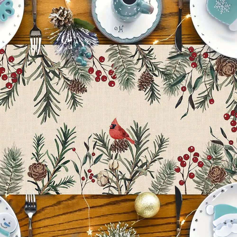 Charming Winter Pine & Berry Table Runner - Festive Red Birds Design