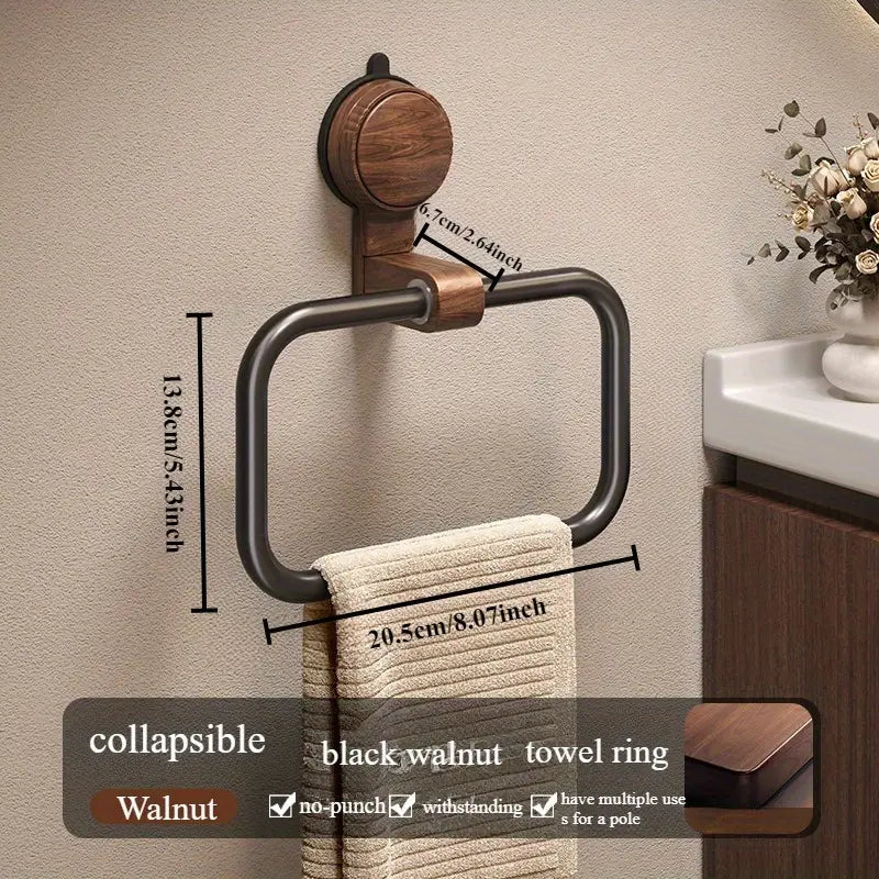 Walnut Towel Ring - Suction Mount, No Drill - Elegant Oval Design