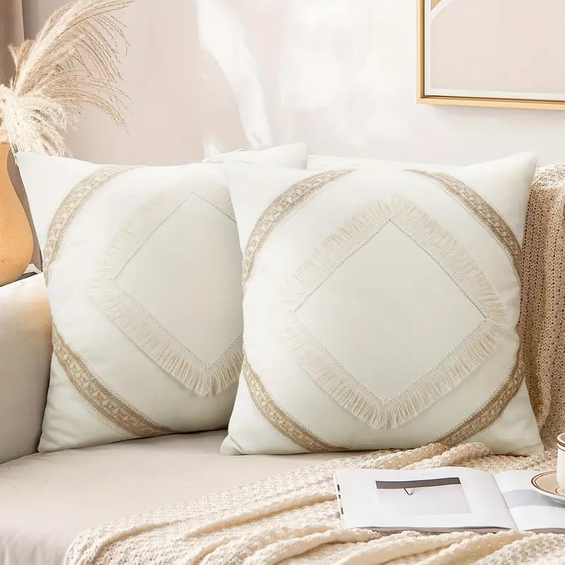 Boho Linen Pillow Covers 2-Pack: Fringe, Beige Brown, Sofa Decor