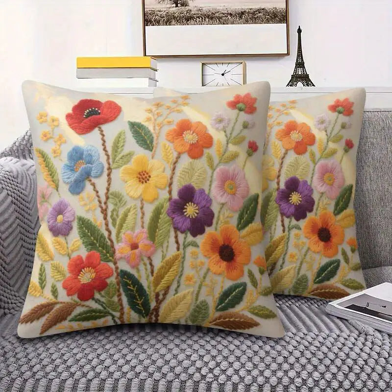 Embroidered Floral Pillow Covers 45x45cm - Decorative Throw Cushion