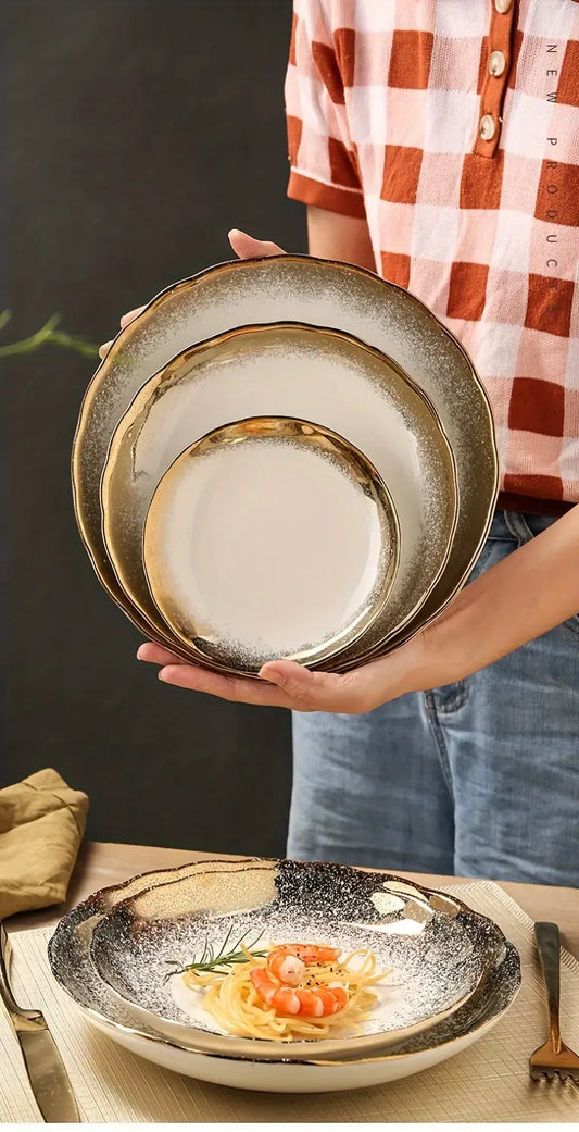 Elegant Ceramic Dinner Plate with Golden Trim - 8/10 Inch