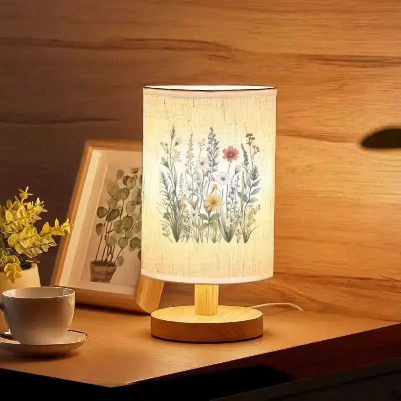 Floral Table Lamp - USB Powered, Warm Light, Wood Base