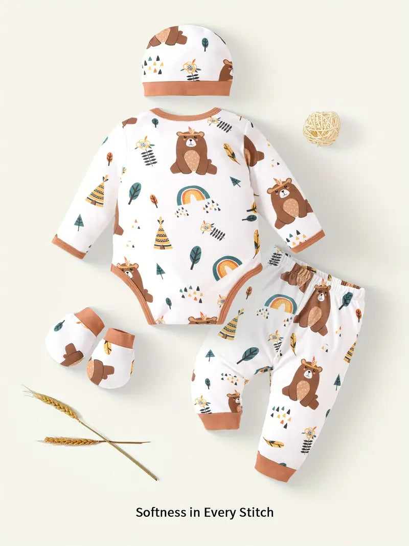Babyjongensoutfit met printbreisel - Set van top met lange mouwen en broek met bijpassende muts en handschoenen