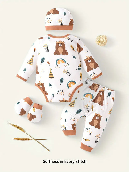 Print Knit Baby Boy’s Outfit - Long Sleeve Top & Pants Set with Matching Hat & Gloves
