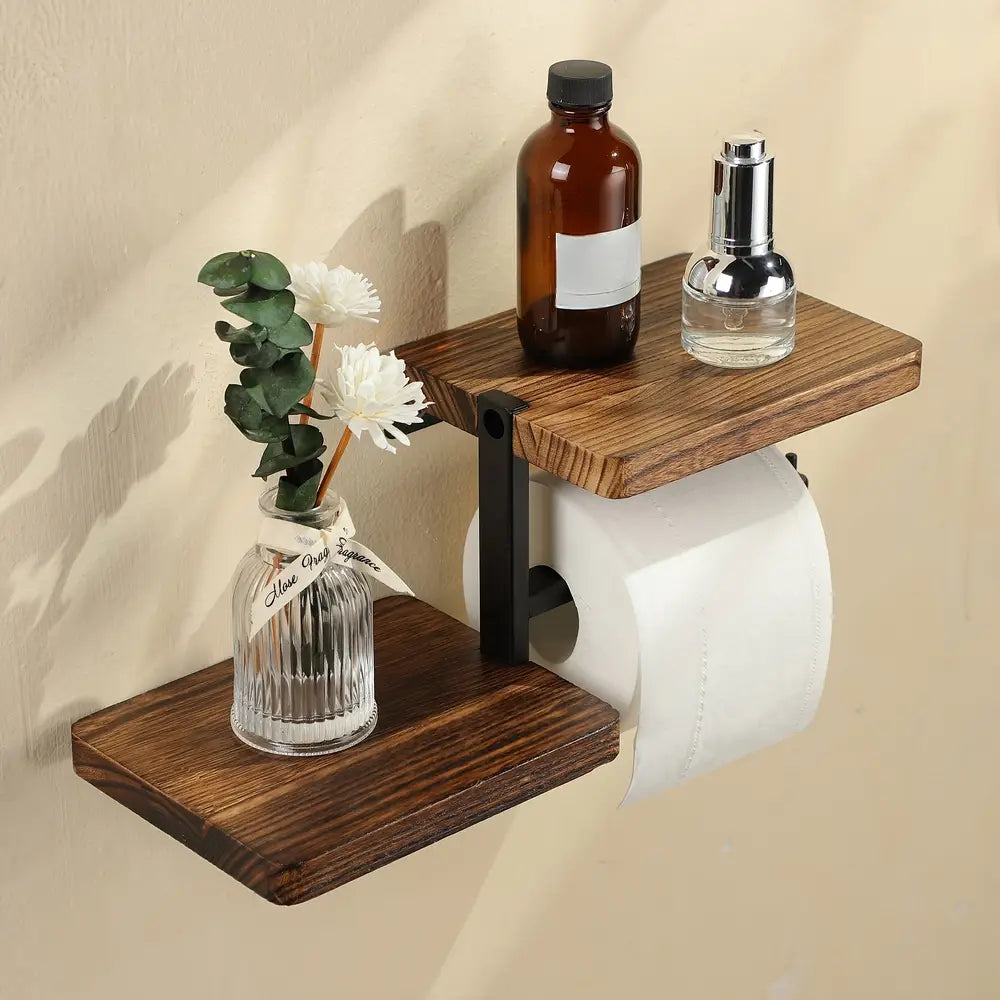 1 houten wandgemonteerde toiletrolhouder met plank