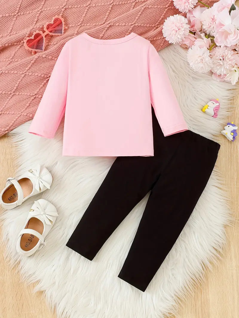 Ensemble en coton pour petite fille | Haut à manches longues et pantalon uni – Extensible et lavable en machine