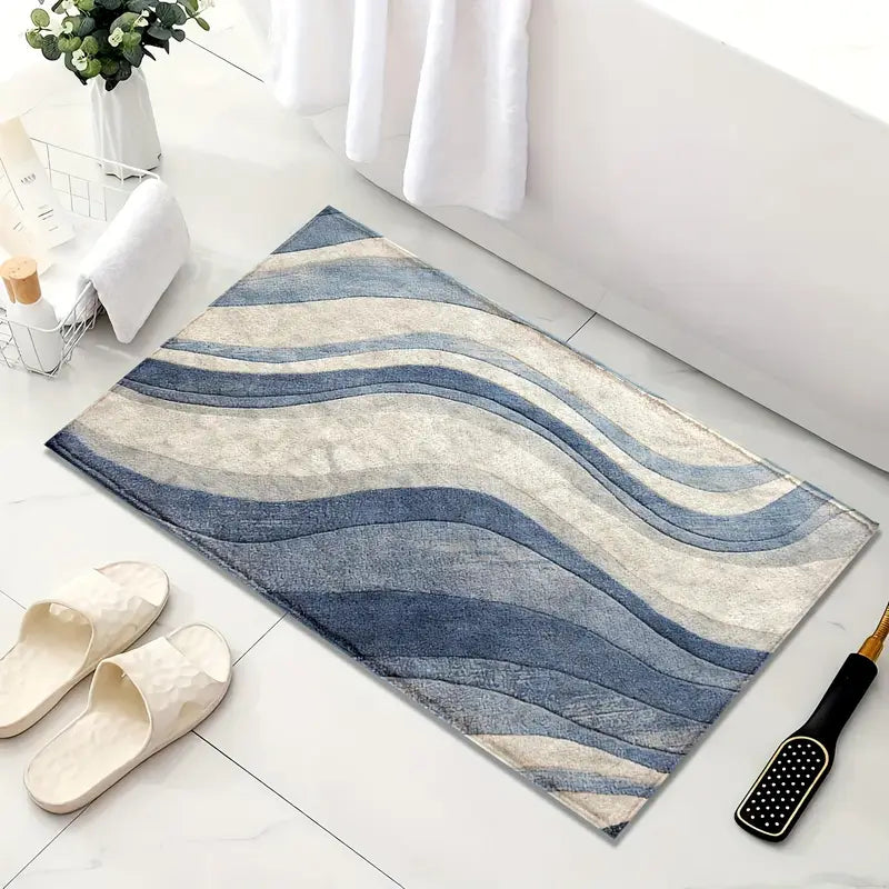 Blue & White Bath Rug - Non-Slip Microfiber, Quick Dry, Machine Washable