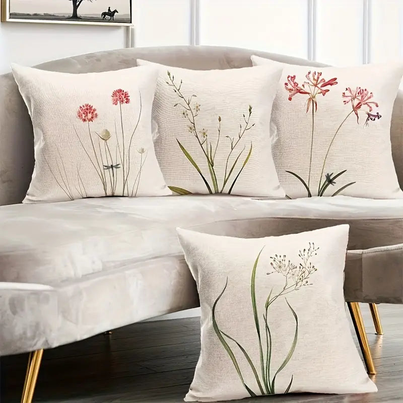 Lot de 4 housses de coussin en lin à motifs floraux 45 cm x 45 cm