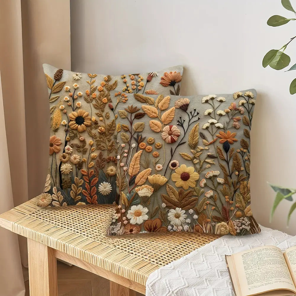 Lot de 2 housses de coussin style bohème chic, motif floral et feuilles, motif automne