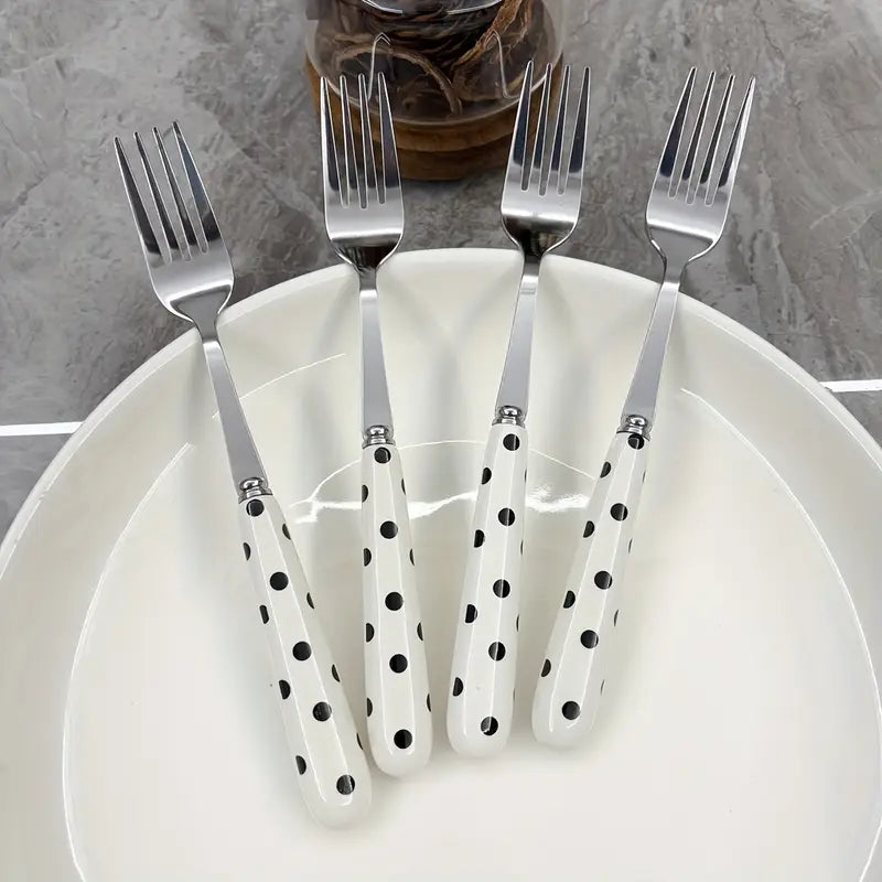 4-Piece Polka Dot Design Stainless Steel Cutlery Set - Ceramic Handle - Dinnerware