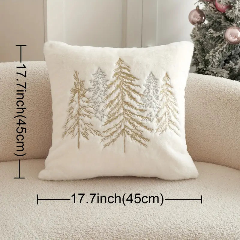 Christmas Tree Embroidered Pillow Cover - Gold Silver Holiday Decor