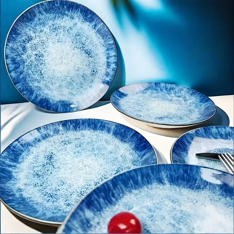 4PC Ocean Blue Ceramic Salad Plates – Gift-Boxed – Oven & Microwave Safe