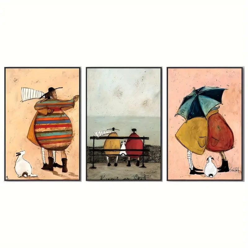 3 stuks abstracte canvas wanddecoratie met een koppel en huisdier – moderne oningelijste posterset voor thuis en als cadeau