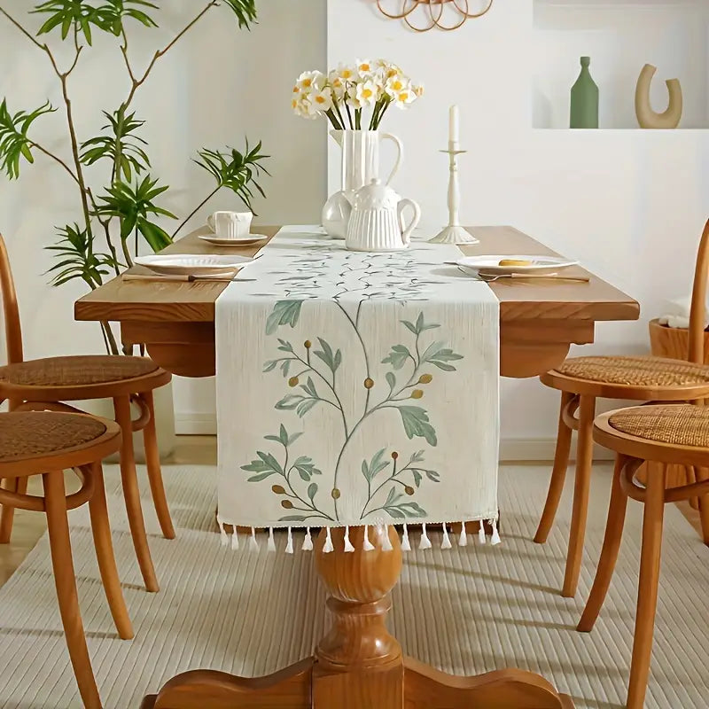 Embroidered Floral Table Runner – Woven Polyester Dining Decor with Tassels