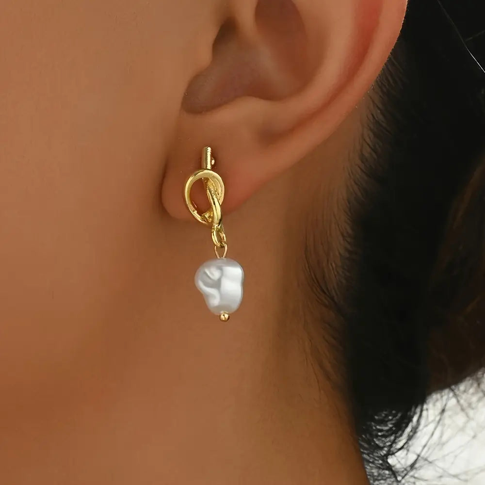 French-Inspired Faux Pearl Knotted Dangle Earrings - 925 Silver Post Alloy