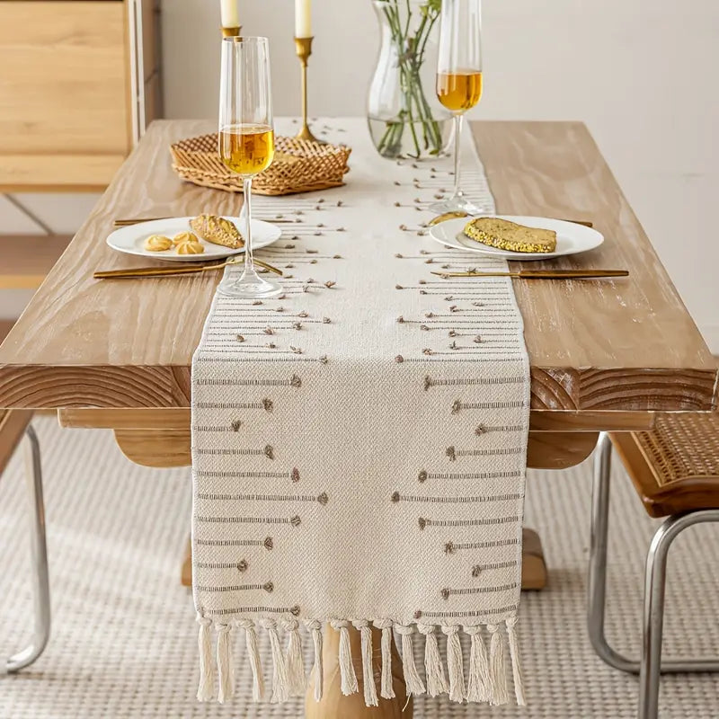 Boho Music Note Table Runner – Jacquard Fringe Linen for Dining or TV Cabinets