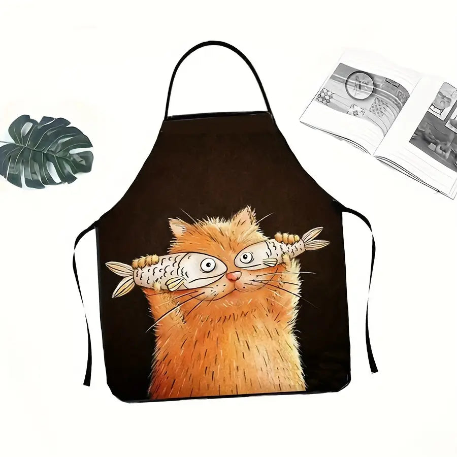 1pc WhimsyCat Cartoon Cat with Fish Design Apron