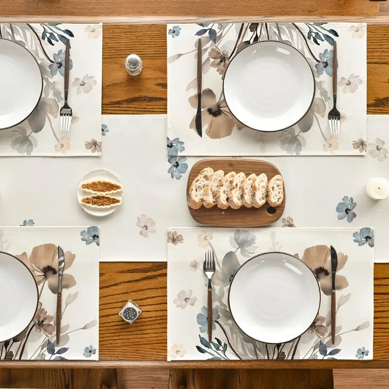4PC Brown Poppy Placemats – 12x18" Durable Polyester Table Mats, Hand Wash