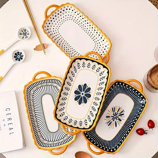 4pcs Set Ceramic Serving Plates with Handles - 30.48cm Rectangular, Nordic-Inspired Design