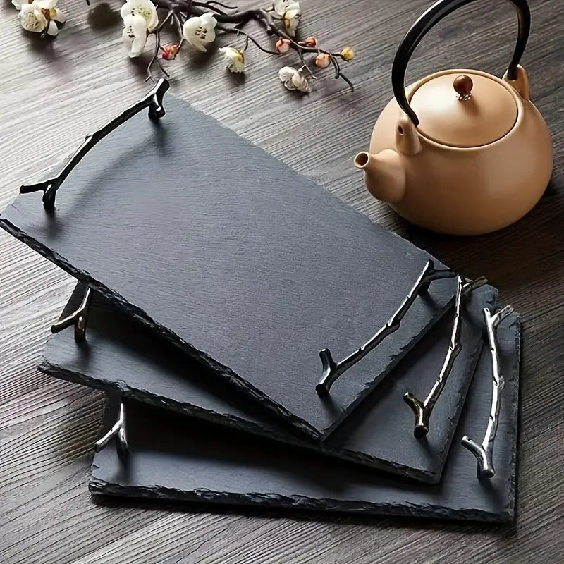 Stone Tray with Geometric Pattern – Brushed Decorative Plate for Gifting