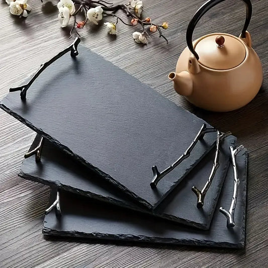 Stone Tray with Geometric Pattern – Brushed Decorative Plate for Gifting
