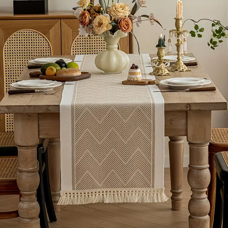 1pc Beige Striped Woven Table Runner with Fringe Tassels