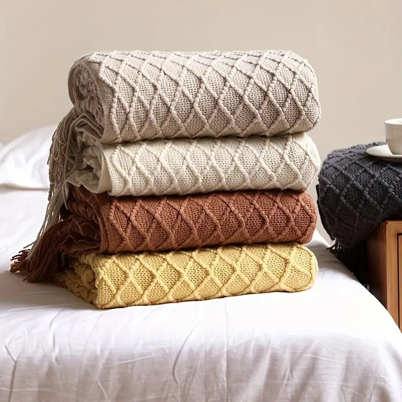 Cozy Knit Throw Blanket with Tassels - Soft Bed & Couch Blanket