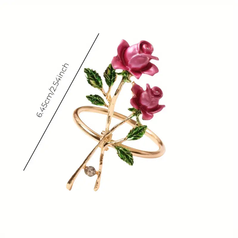 6 gouden metalen rozen servetringen, elegant bloemmotief