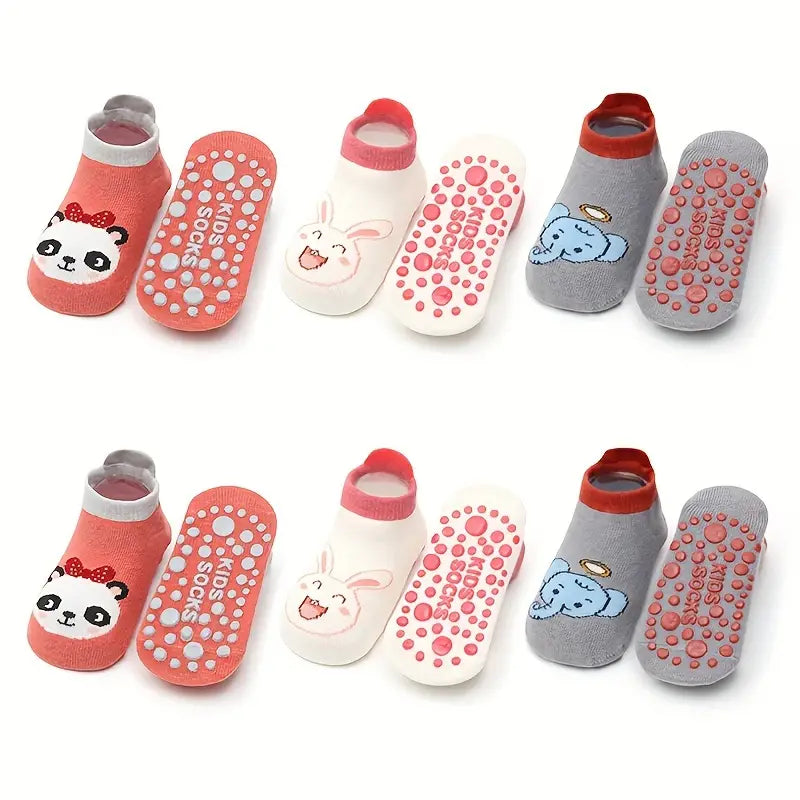 6 Pairs Cartoon Animal Socks | Non-Slip Cotton Toddler Socks with Grips
