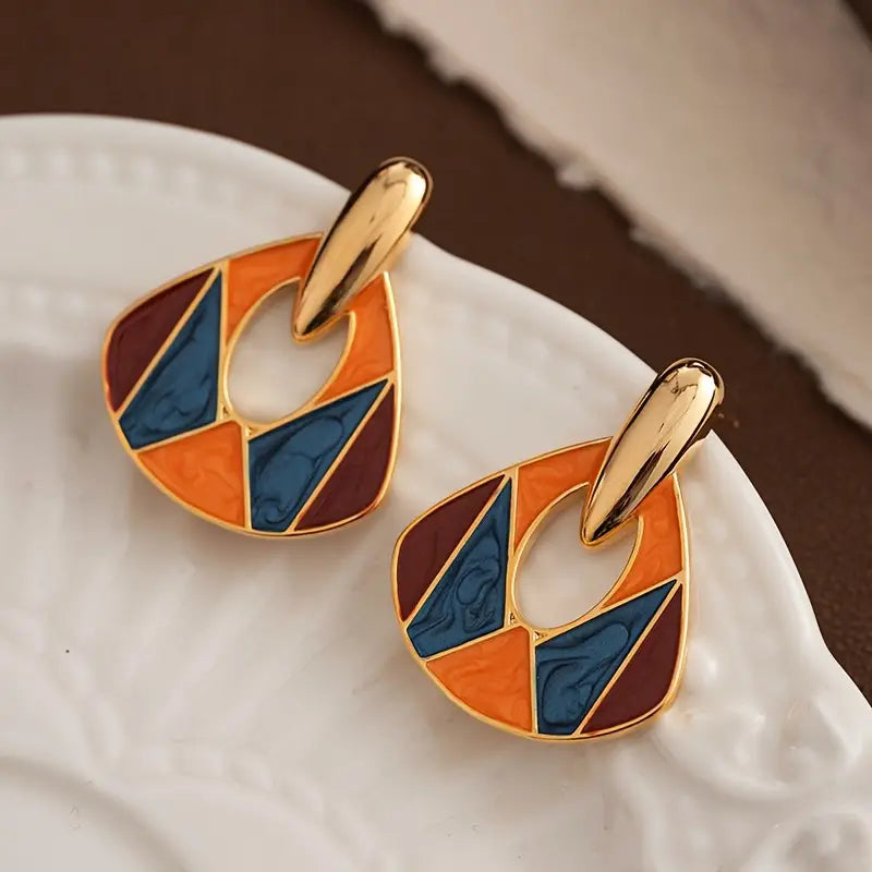 Boucles d'oreilles pendantes géométriques en émail plaqué or, style bohème vintage