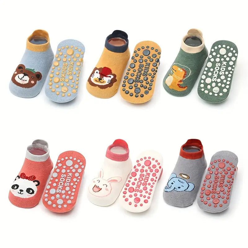 6 Pairs Cartoon Animal Socks | Non-Slip Cotton Toddler Socks with Grips