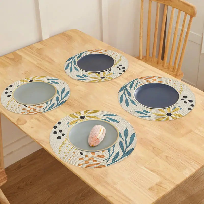 4PC Boho Round Placemats – Woven Washable Heat-Resistant Dining Table Mats