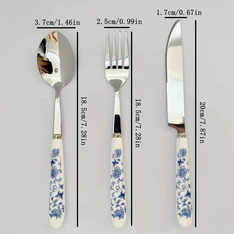 Floral Ceramic Handle Knife Set - Stainless Steel Kitchen Cutlery