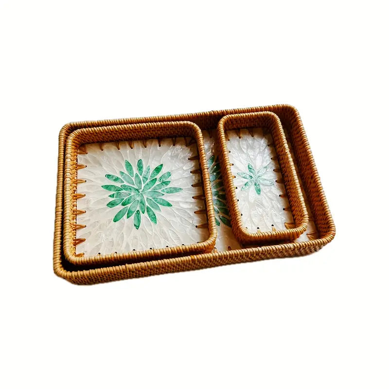 Shell Inlay Rattan Tray Set - Square Bamboo Serving Trays (3 Sizes)