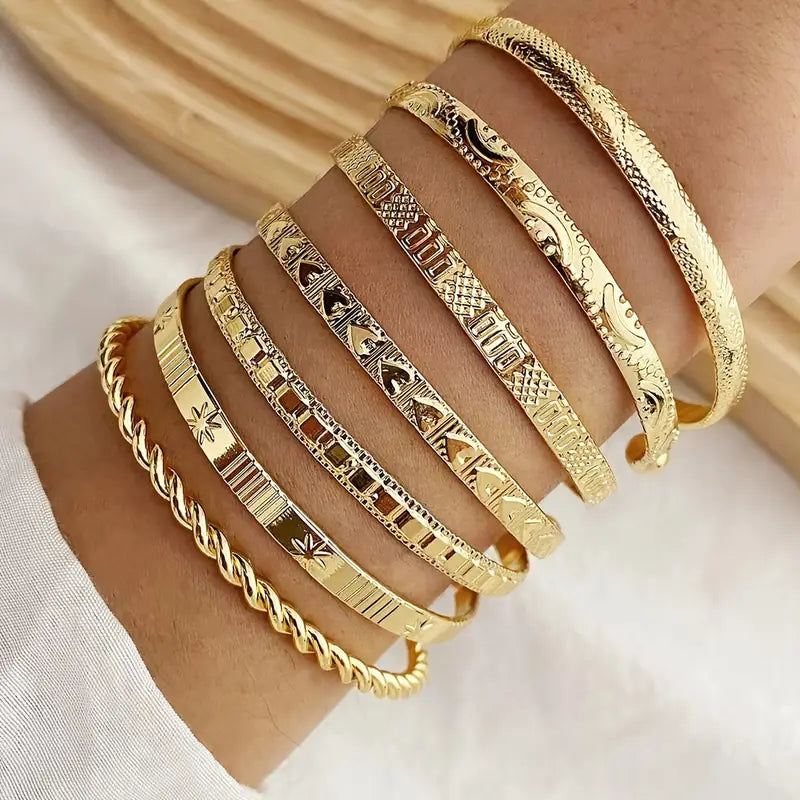 7pcs Vintage Open Cuff Bracelet Set – Geometric & Arrow Pattern Adjustable Bangles