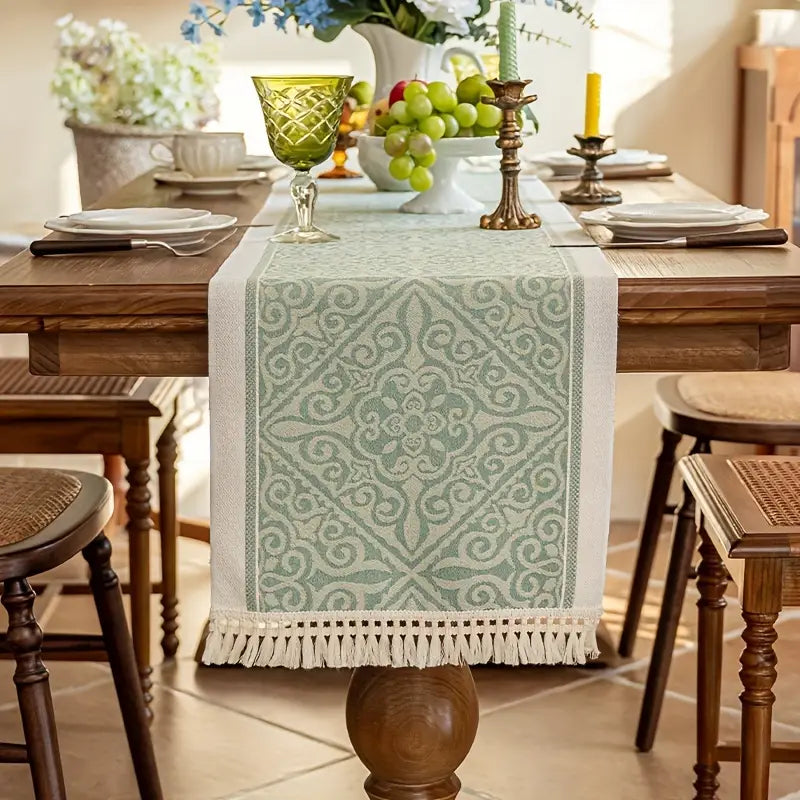 Green Floral Table Runner with Tassels – Festive Decor for Dining & Weddings