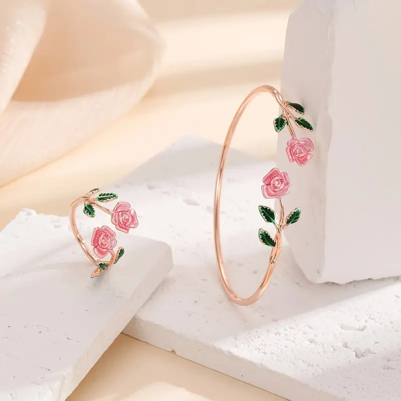 Rose Bangle Ring Set - Women's Jewelry