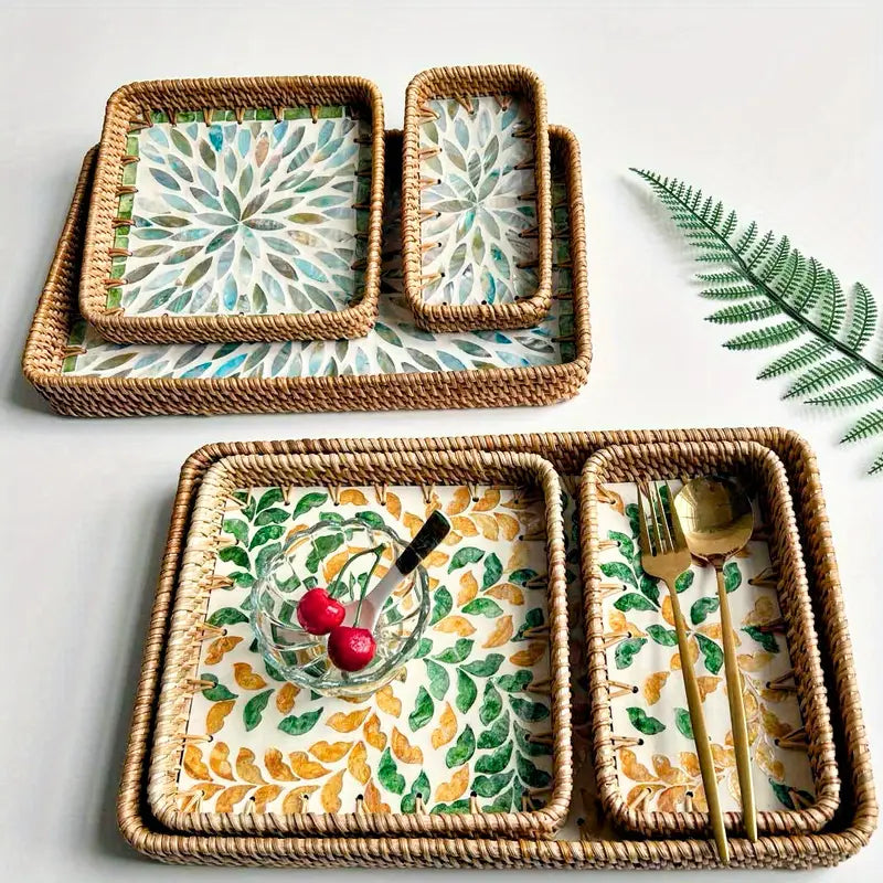Shell Inlay Rattan Tray Set - Square Bamboo Serving Trays (3 Sizes)