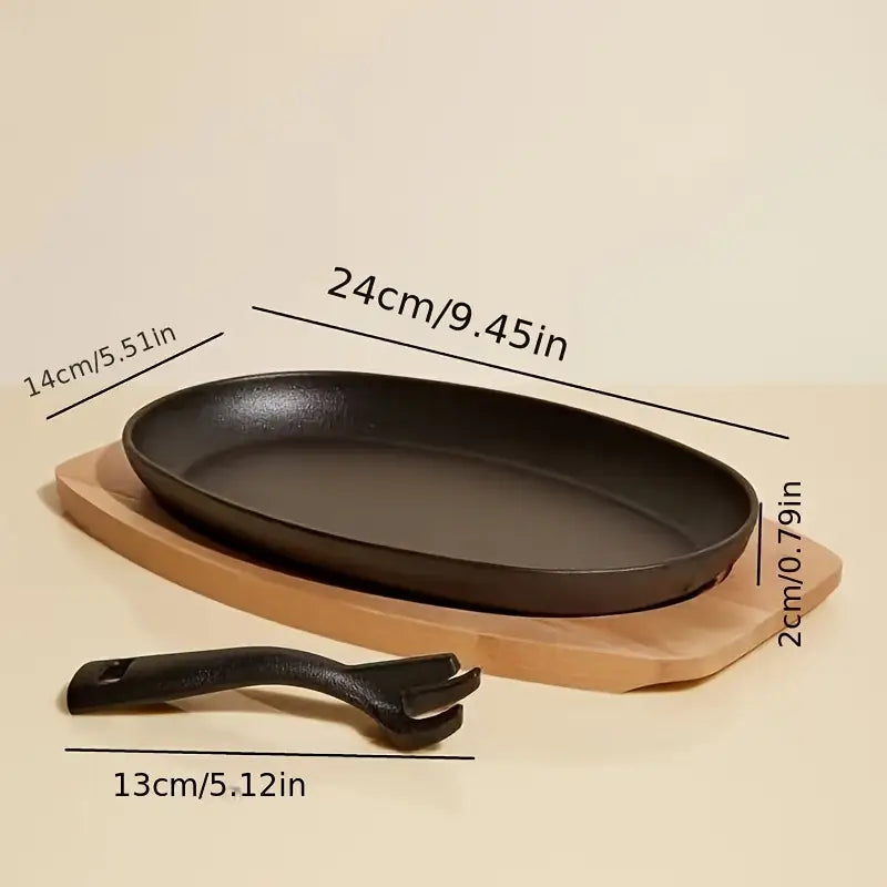 Cast Iron Griddle Pan Set – Steak & BBQ Pan with Wooden Tray & Fork
