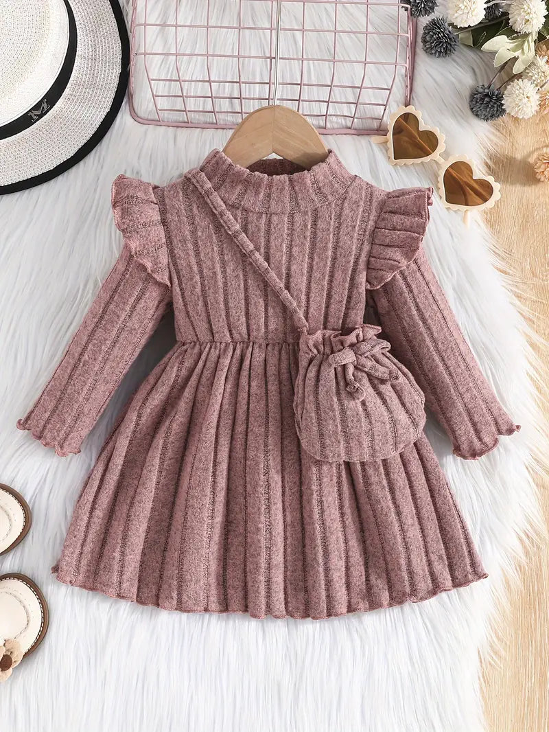Robe rayée à manches longues avec volants et sac assorti | Tenue élégante pour fille