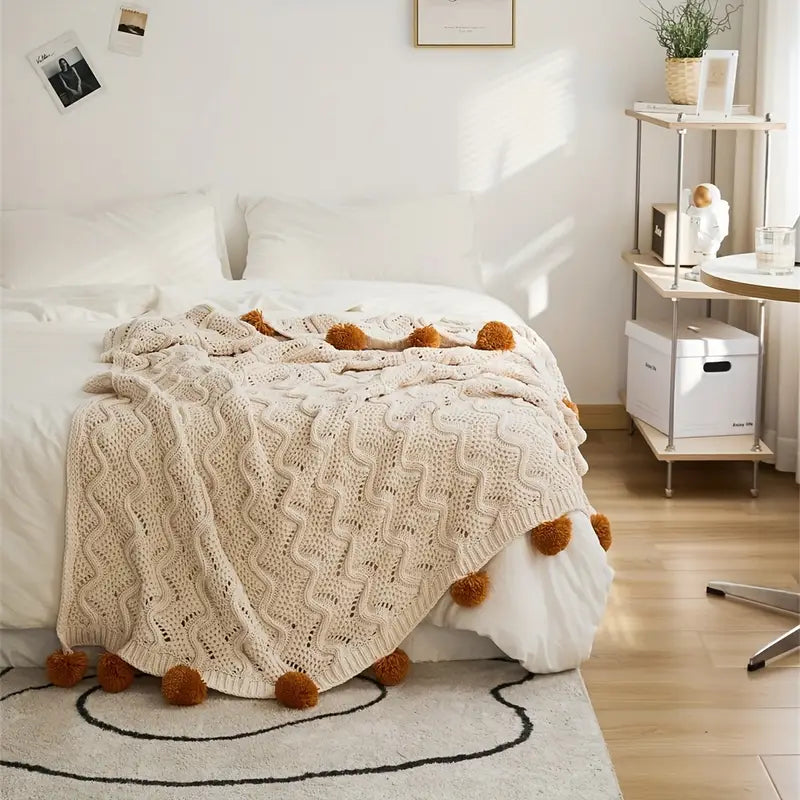 Beige Knit Throw Blanket with Pom Poms - Soft Sofa Bed Cover