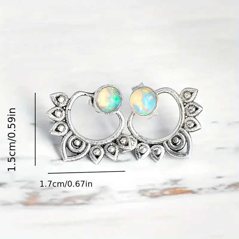 Lotus Stud Earrings Retro Bohemian Style with Gemstones