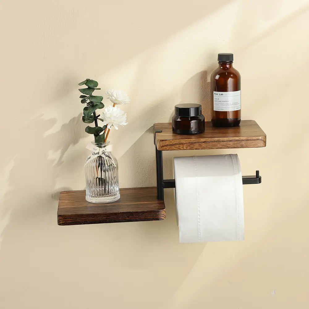 1 houten wandgemonteerde toiletrolhouder met plank
