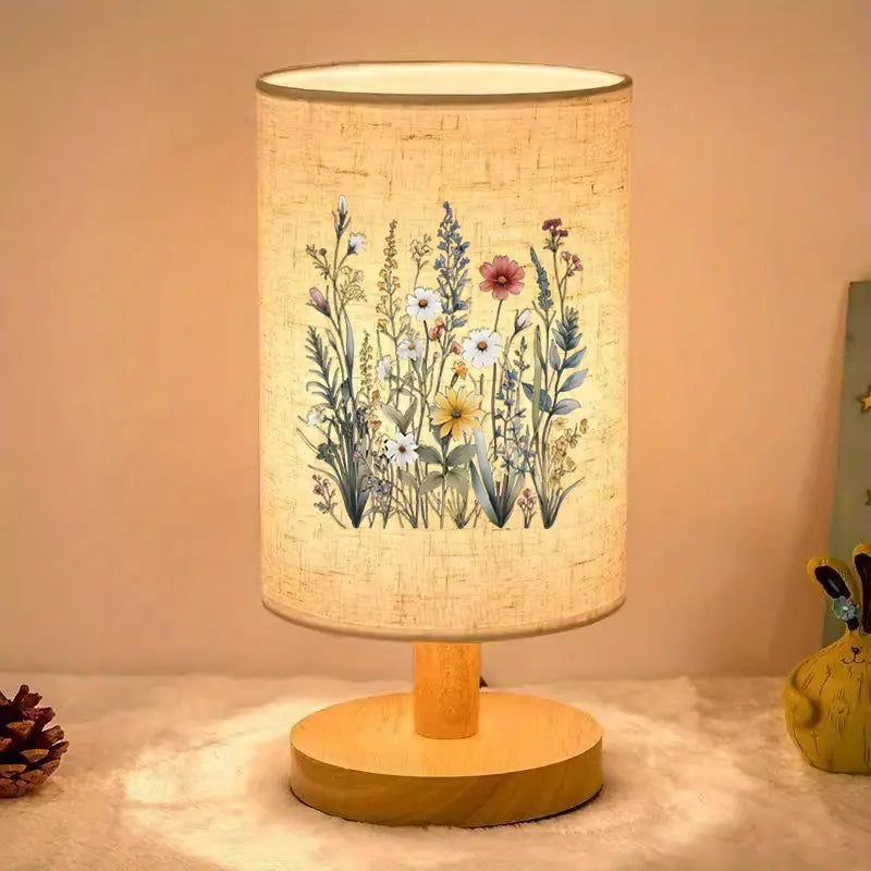Floral Table Lamp - USB Powered, Warm Light, Wood Base