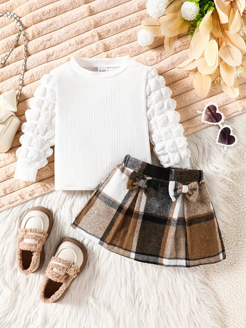 2-Piece Toddler Girl’s Stylish Outfit Set - Long Sleeve Lantern Sleeve T-Shirt & Skirt with Bow Detail for Fall/Winter