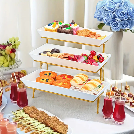 3-Tier Folding Cake Stand with Durable Metal Frame and 3 Plastic Trays