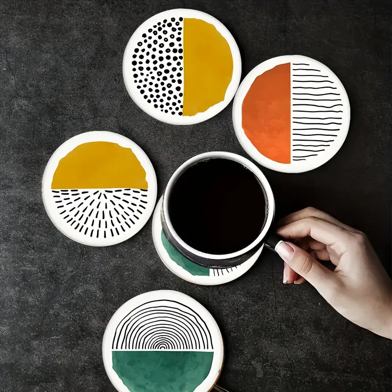 6pcs Wooden Abstract Color Pattern Coaster Set