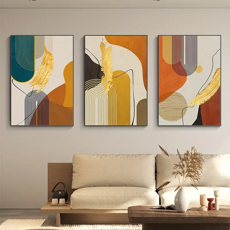 3 stuks luxe abstract canvas schilderij - Nordic gouden posterprint voor thuis en kantoor