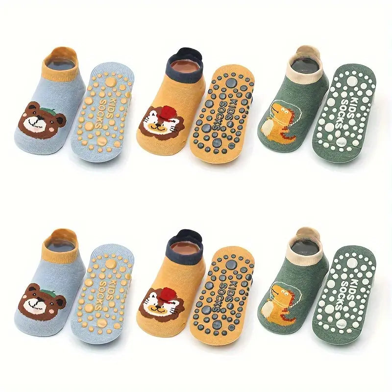 6 Pairs Cartoon Animal Socks | Non-Slip Cotton Toddler Socks with Grips